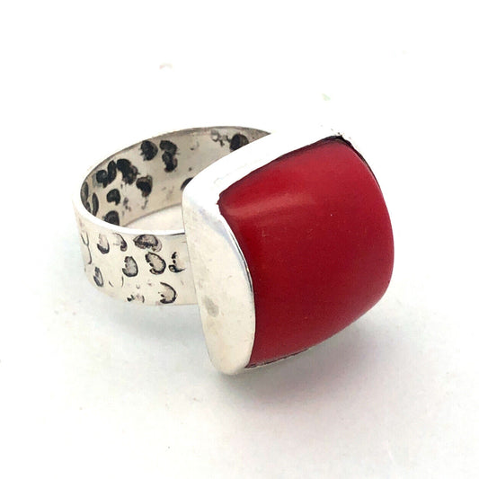 Vintage 925 Sterling Silver Red Coral Cabochon Dome Textured Statement Ring