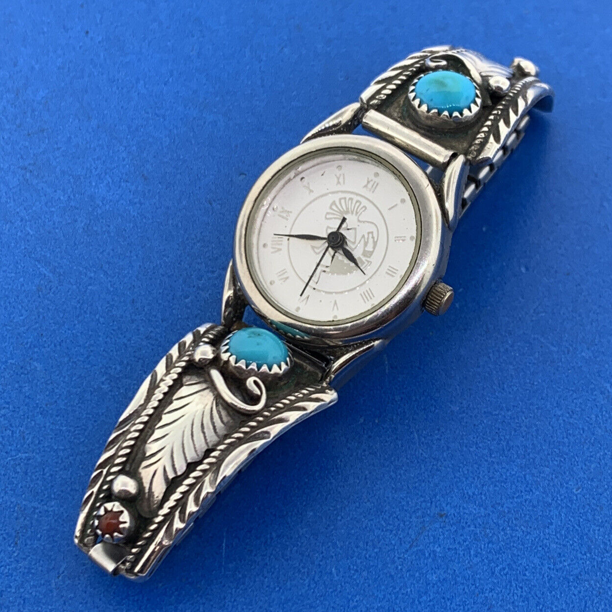 Native American Sterling Silver Turquoise Coral Kokopelli Bracelet Watch Parts