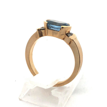 Estate Designer 14K Yellow Gold Oval Blue Topaz Diamond Accented Cocktail Ring