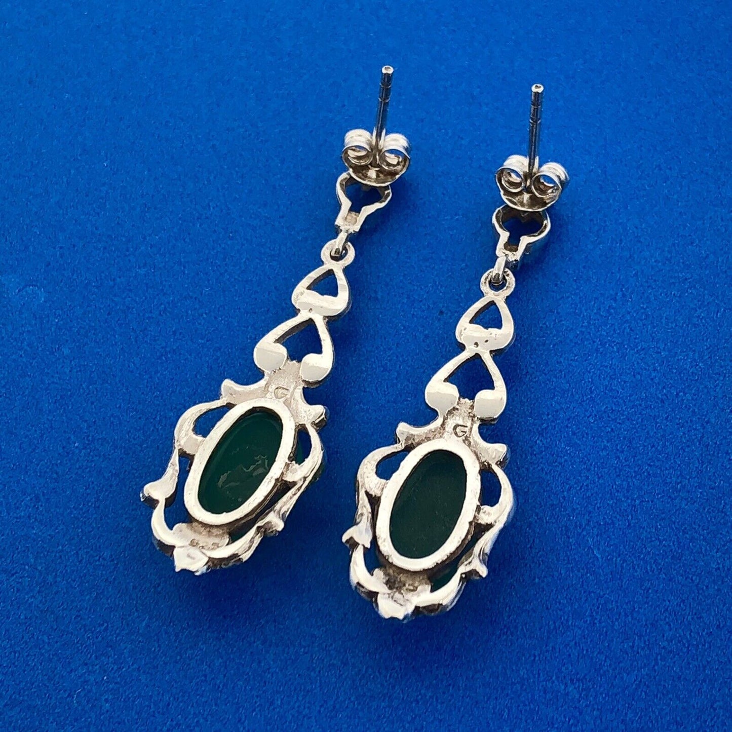 Sterling Silver 925 Oval Green Onyx Marcasite Openwork Filigree Dangle Earrings