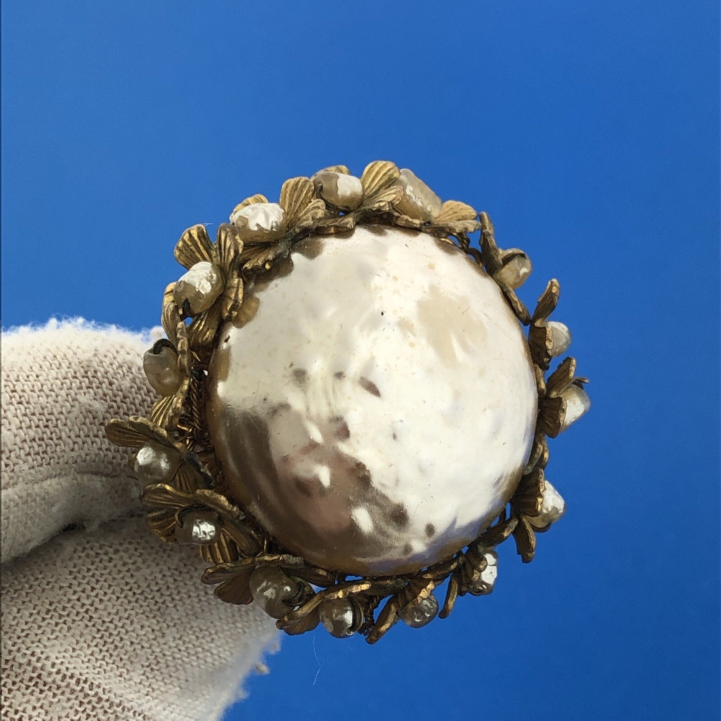 1950's Miriam Haskell Faux Baroque Pearl Birds Nest Statement Clip Earrings