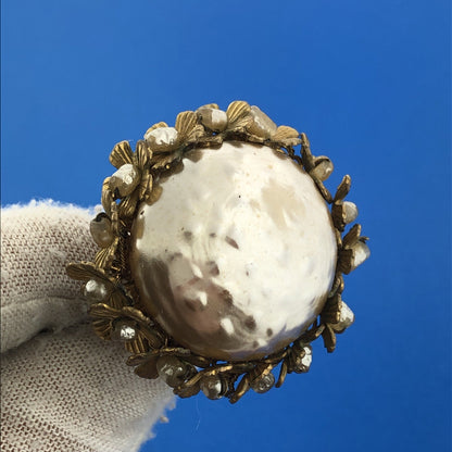 1950's Miriam Haskell Faux Baroque Pearl Birds Nest Statement Clip Earrings