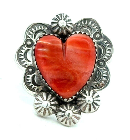 Native American Sterling Silver Spiny Oyster Turquoise Concho Carved Heart Ring