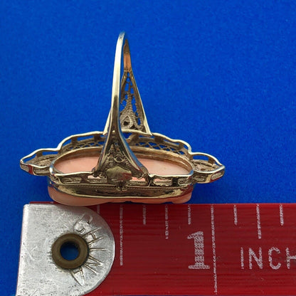 Victorian 14K Yellow Gold Carved Pink Cameo Filigree Statement Finger Ring