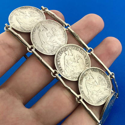 Vintage 925 Sterling Silver 900 Fine Peru 1/5 Sol Eight Coin Panel Bracelet