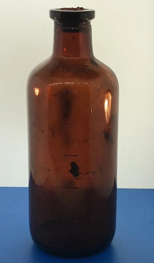 1933 Owens Illinois Glass 250 Mils Apothecary Bottle Amber Brown Alton IL w/Cork
