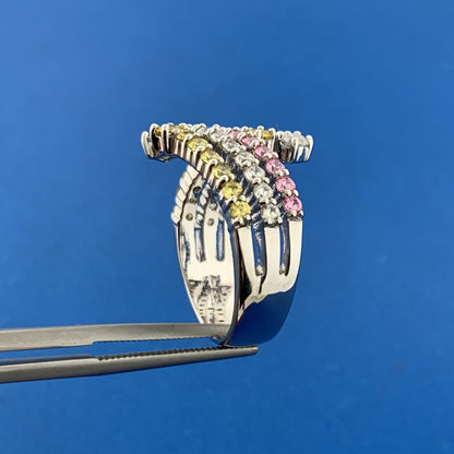 Designer Sterling Silver Pink White Yellow Cubic Zirconia Statement Bypass Ring