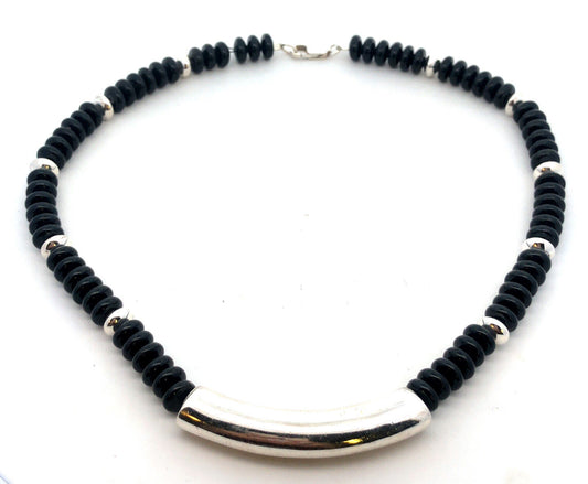Vintage RAGE 925 Sterling Silver Bar Black Onyx Beaded Necklace