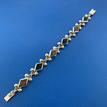 Vintage Taxco TH-40 925 Sterling Silver Black Onyx Goldstone Link Panel Bracelet