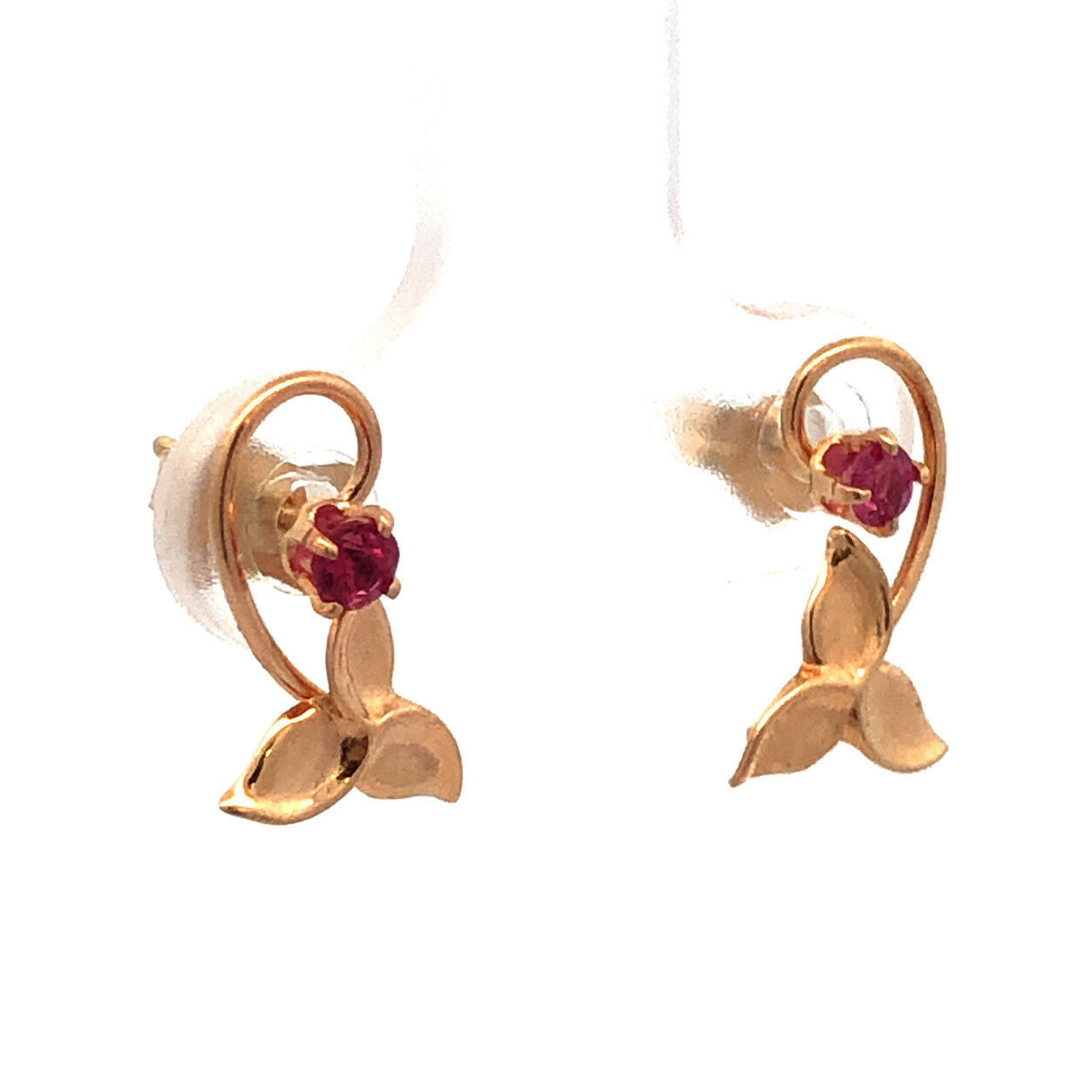 Designer PPC 14K Yellow Gold Ruby Floral Scroll Stud Earrings