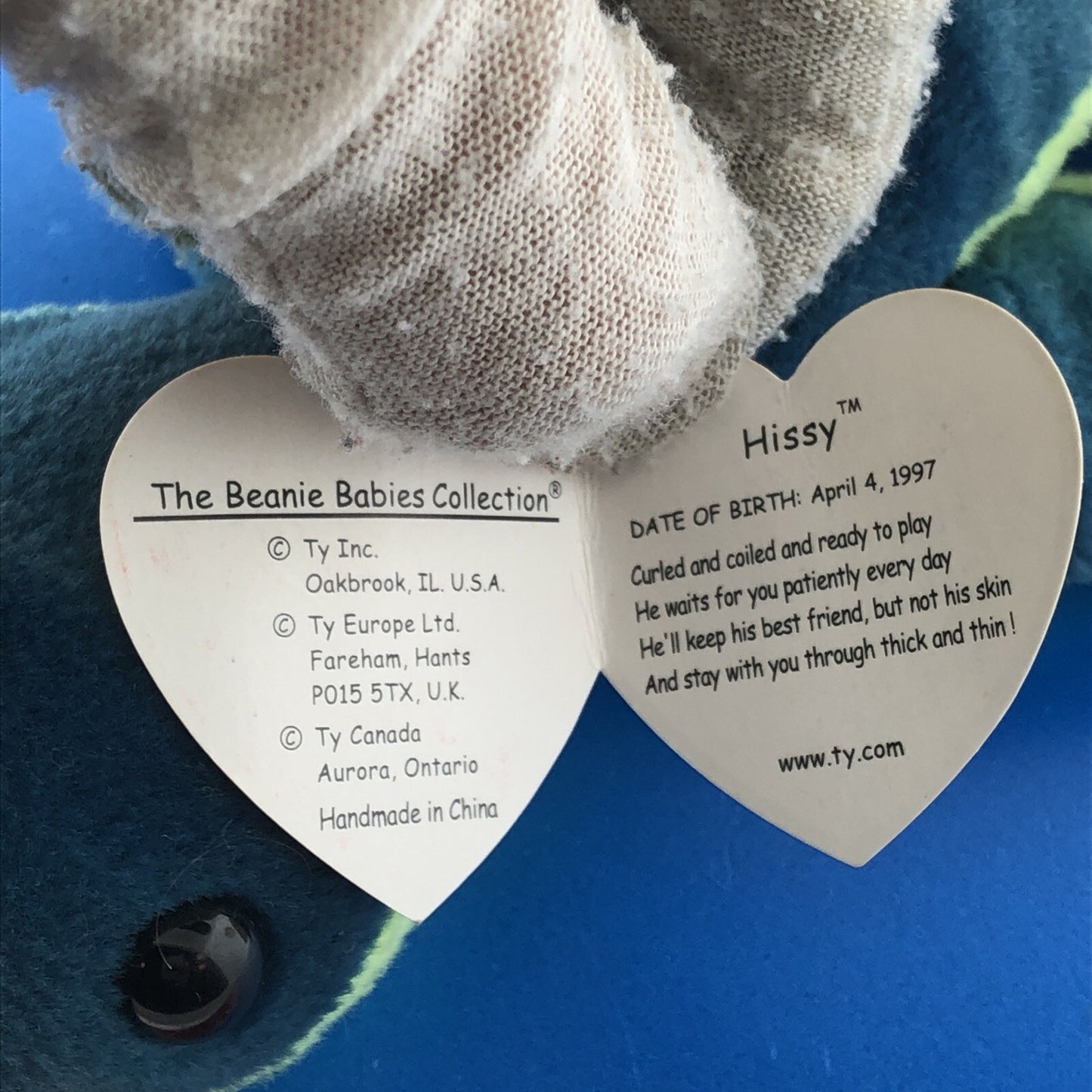 1997 TY Beanie Baby Hissy The Snake DOB 04-04-97 Mint Condition - 4185 Retired