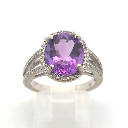 Designer 14K White Gold Oval Amethyst Diamond Halo Wedding Engagement Ring