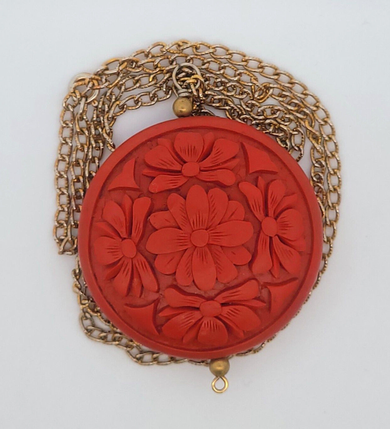 Vintage Gold Tone Carved Red Resin Faux Cinnabar Necklace Earrings 3 Piece Set