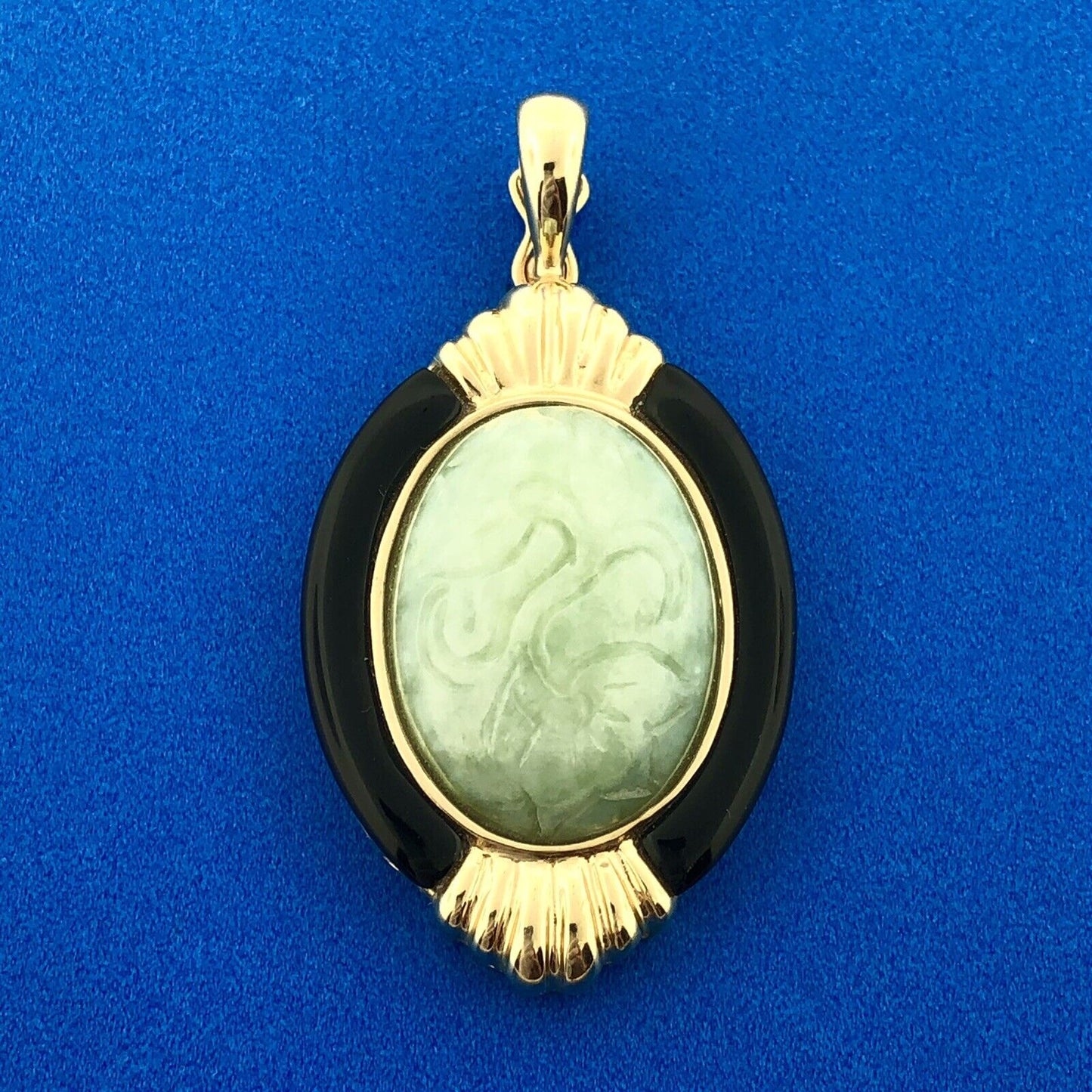 14K Yellow Gold Carved Jade Black Onyx Accented Oval Enhancer Pendant
