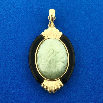 14K Yellow Gold Carved Jade Black Onyx Accented Oval Enhancer Pendant