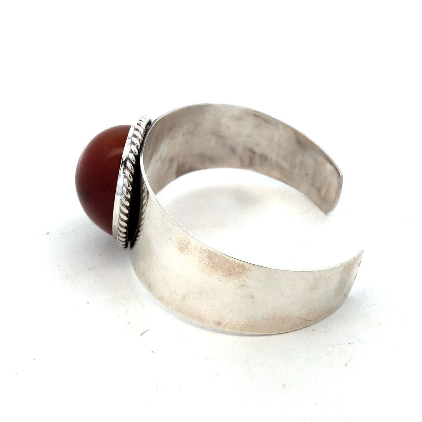 Estate 925 Sterling Silver Oval Carnelian Reeded Statement Open Cuff Bracelet