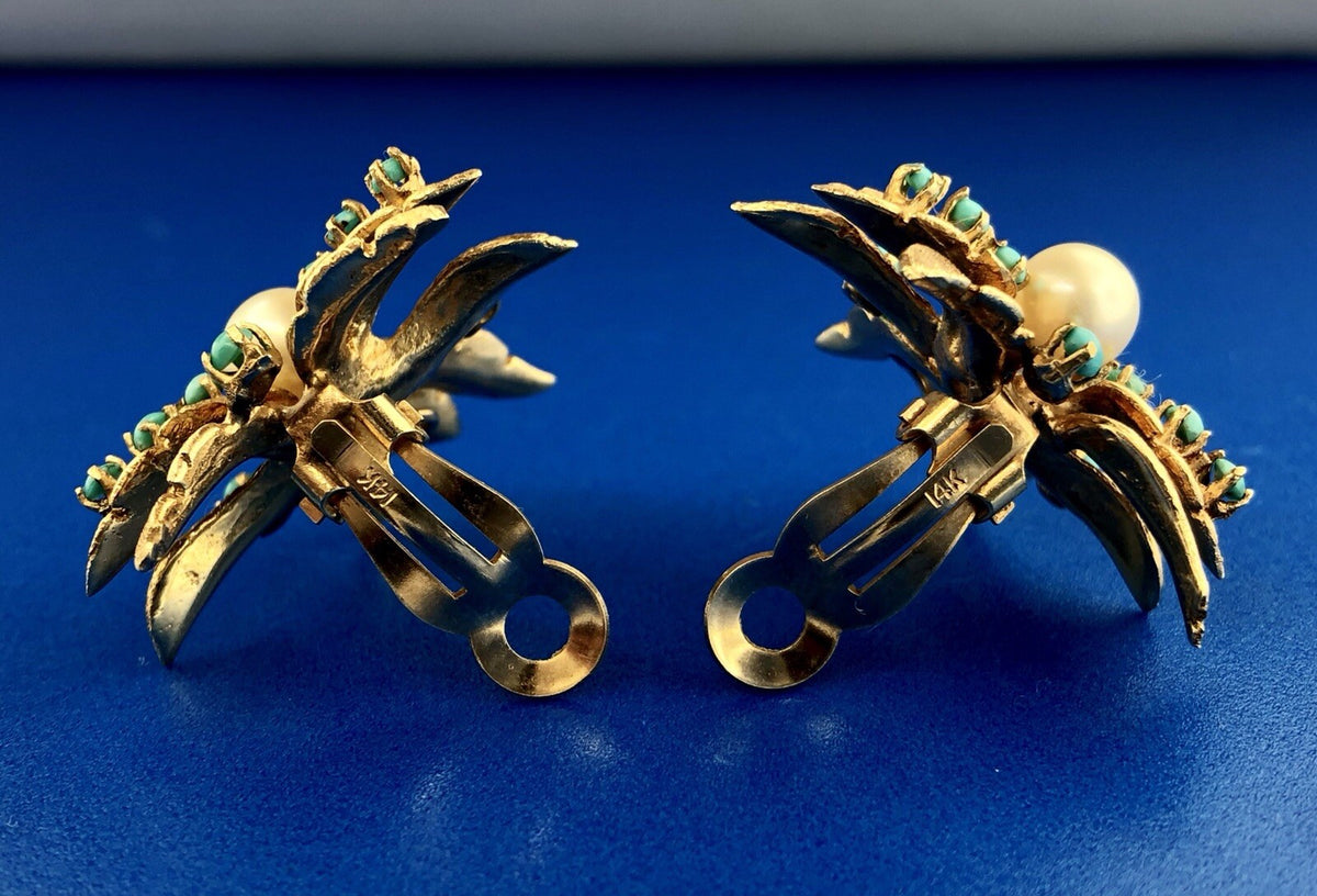 Vintage 14K Yellow Gold Pearl Turquoise Leaf Design Statement Clip Earrings