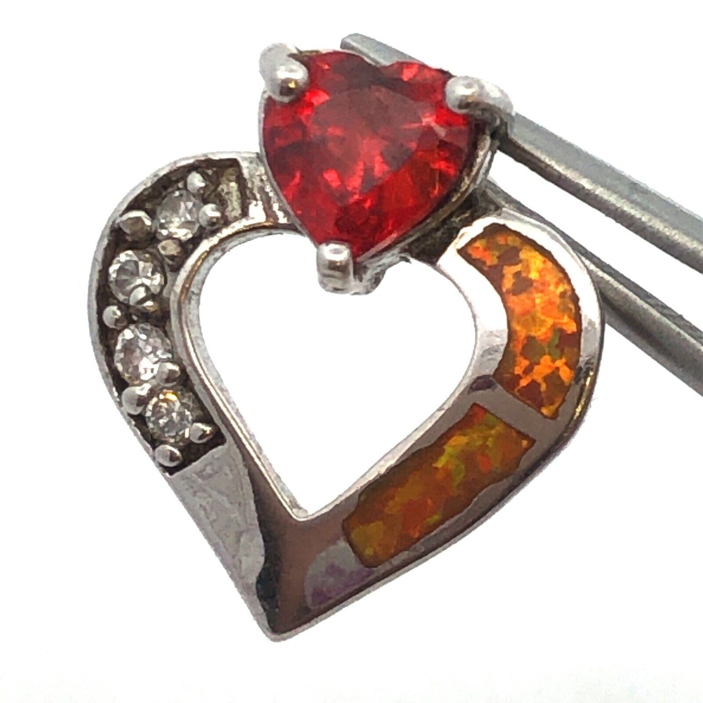 925 Sterling Silver Red White Cubic Zirconia Opal Heart Stud Earrings