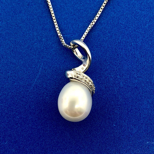 14K White Gold Pearl Diamond Accent Infinity Twist Bridal Drop Pendant Necklace