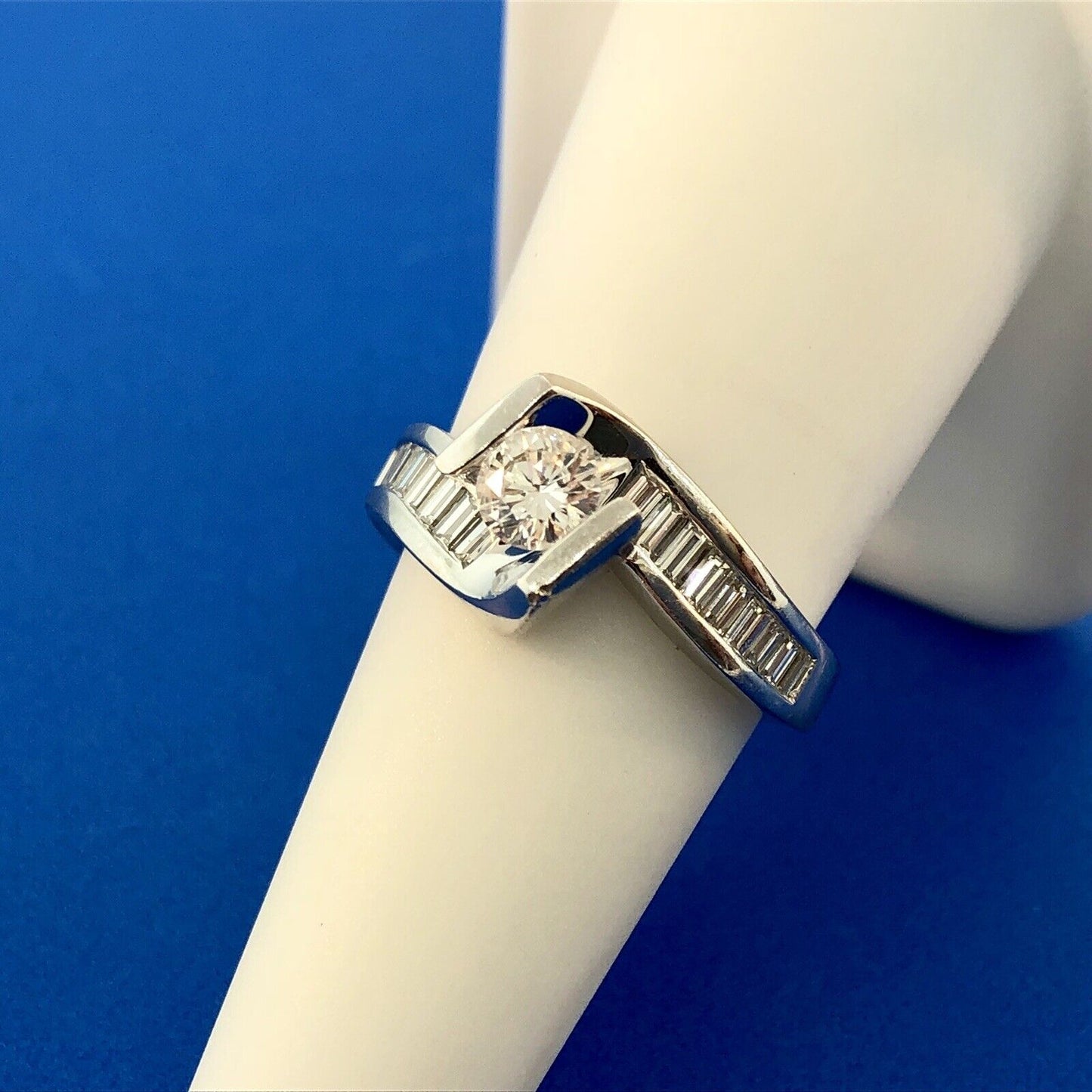 14K White Gold Diamond Solitaire W/Accents Suspension Bypass Engagement Ring