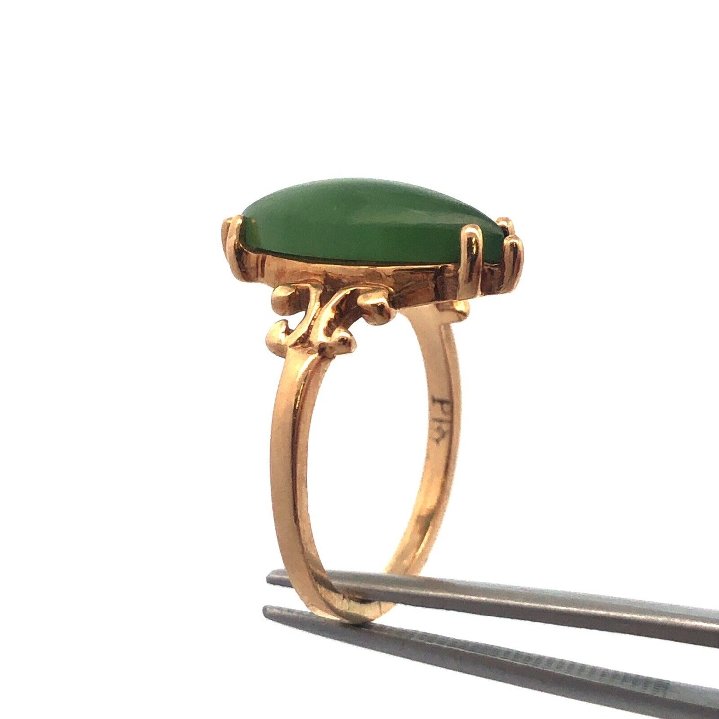 Retro Designer 14K Yellow Gold Solitaire Marquise Jade Jadeite Cabochon Ring