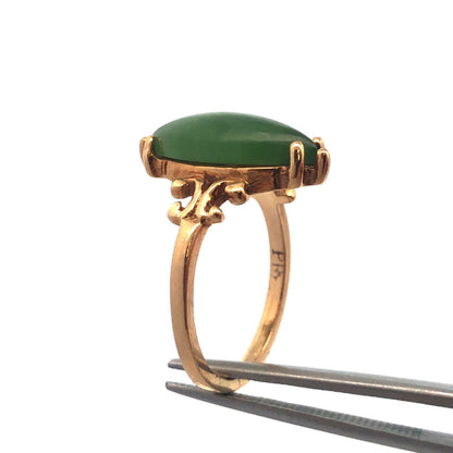 Retro Designer 14K Yellow Gold Solitaire Marquise Jade Jadeite Cabochon Ring