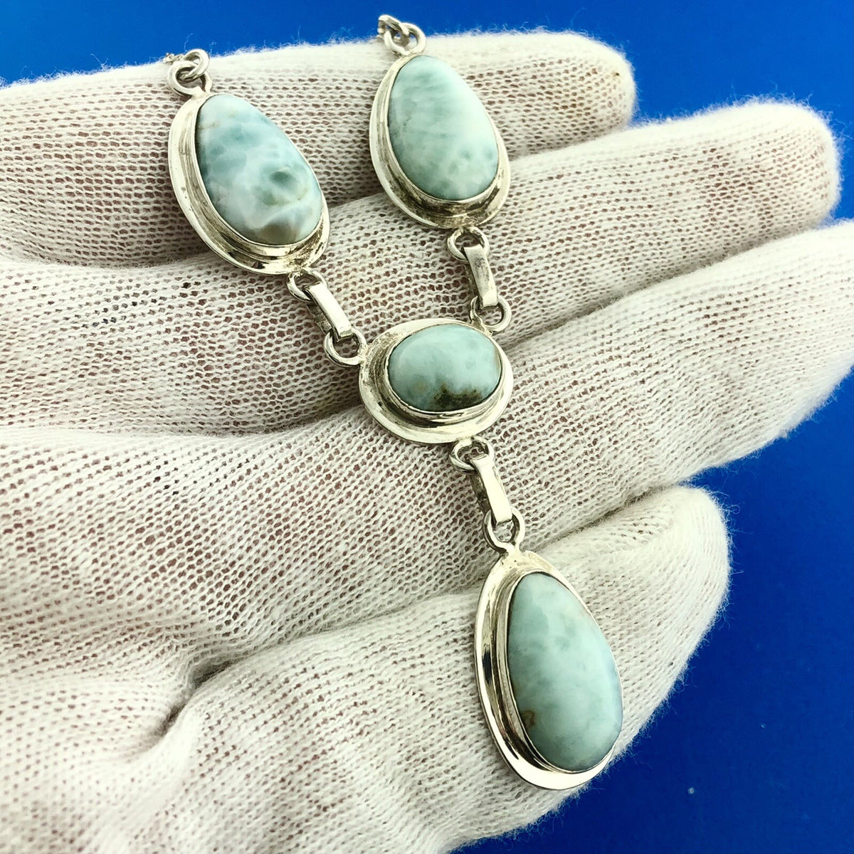 Stunning Sterling Silver 925 Cabochon Larimar Triangular S Link 15" Necklace
