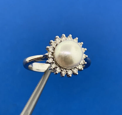 Designer 14K White Gold Pearl Solitaire Diamond Halo June Anniversary Ring