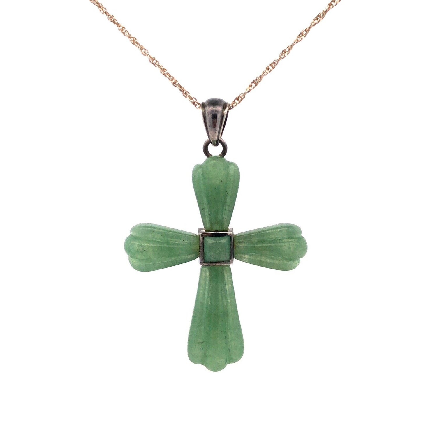 Designer 925 Sterling Silver Carved Jade Cross Statement Pendant Necklace