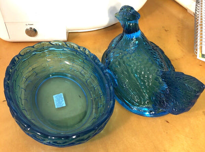 Vintage Blue Aqua Teal Glass Chicken w/Chicks Candy Trinket Dish With Lid