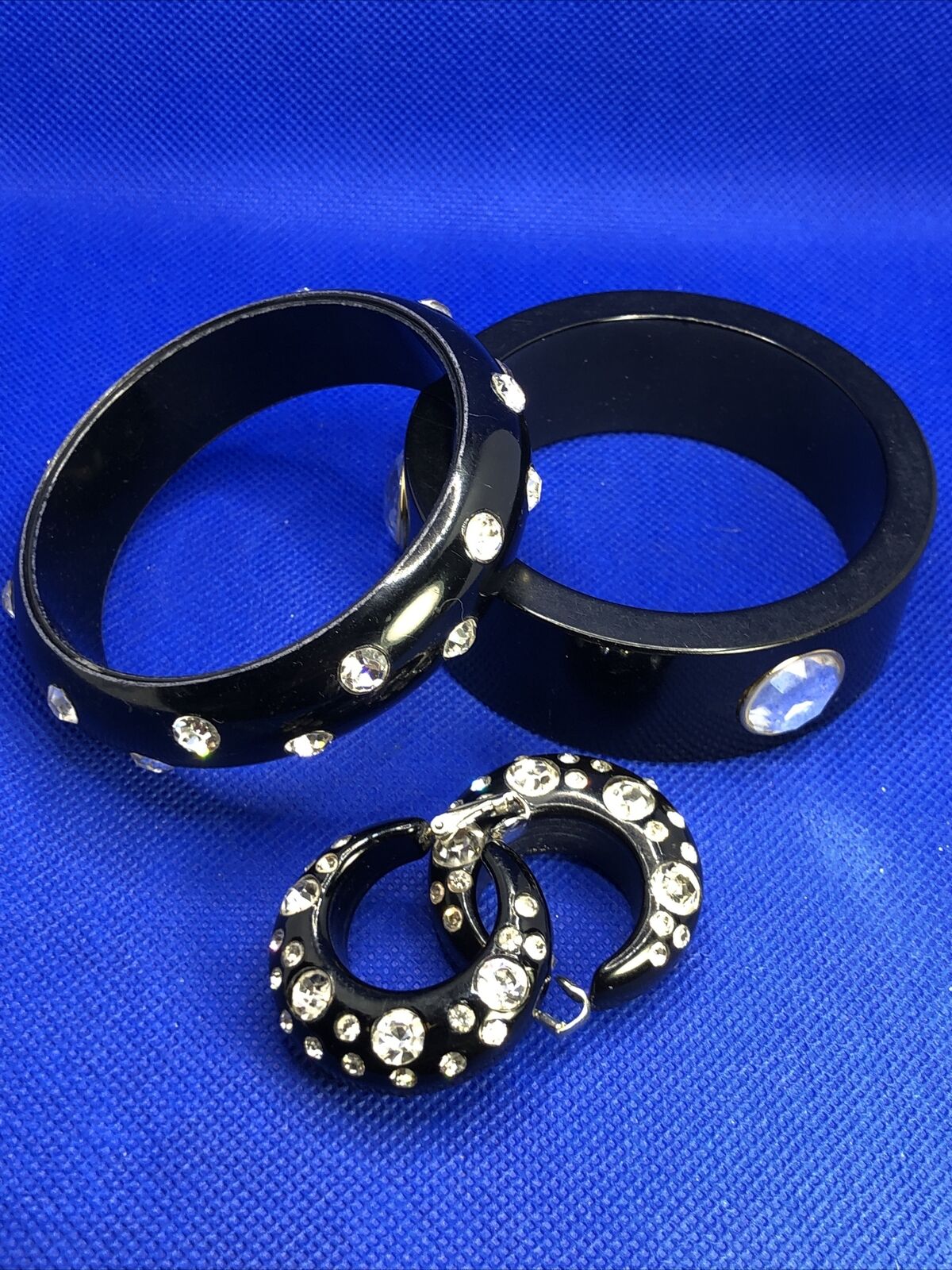 1980's Runway Glam Black Lacquer Lucite Rhinestone 2 Bracelets & Earrings Lot