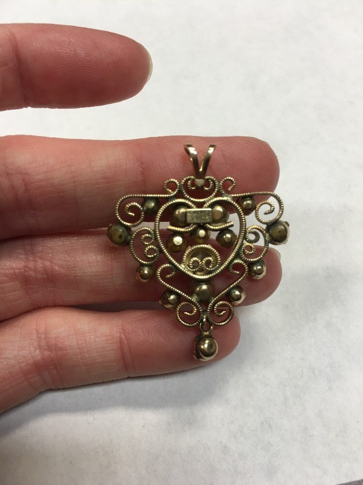 Vintage Designer Winard 12K Yellow Gold Filled Garnet Diamond Filigree Pendant