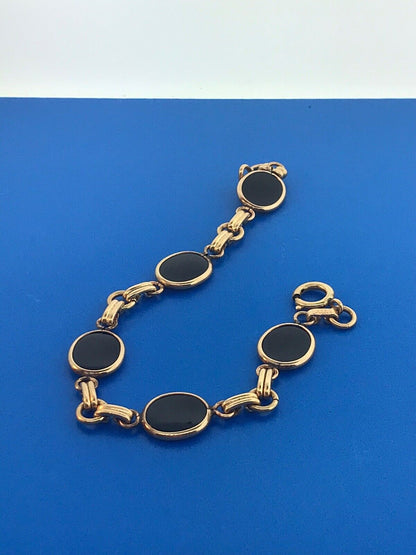 Art Deco 1/20th 12K Gold Filled Oval Black Onyx Cabochon Panel Link Bracelet