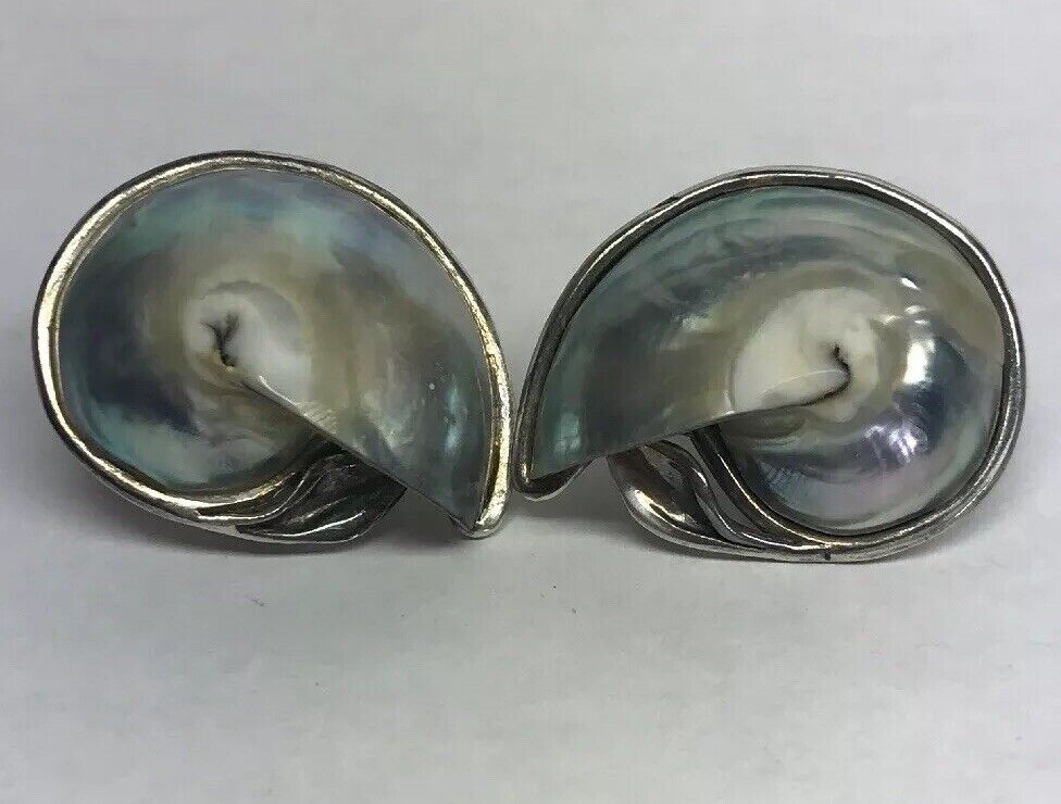 Vintage Sterling Silver 925 Abalone Sea Snail Shell Statement Earrings S162