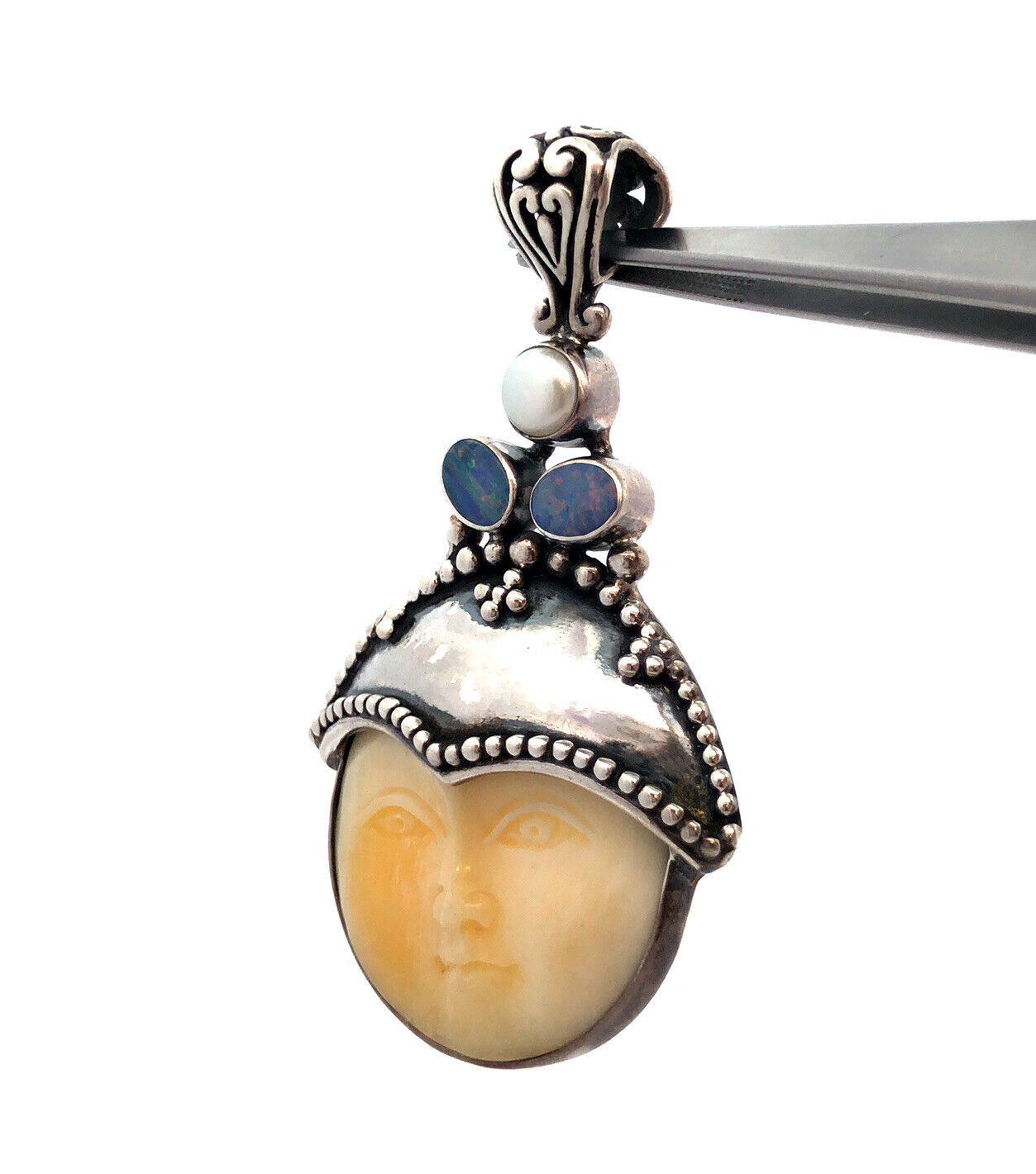 925 Sterling Silver Opal Pearl Carved Resin Moon Face Statement Pendant