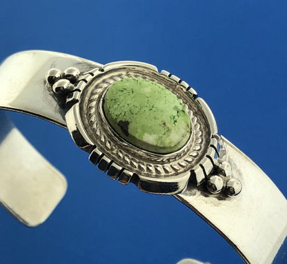 Native American Signed 925 Sterling Silver Rare Green Turquoise Cuff Bracelet