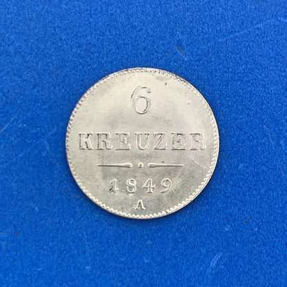 1849 A Austria Billon Silver .4375 Fine 6 Kreuzer Franz Joseph 1 Uncirculated