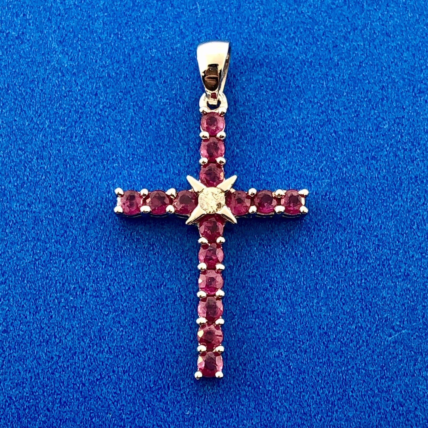 14K White Gold Ruby Diamond Cross Religious Communion Wedding July Pendant