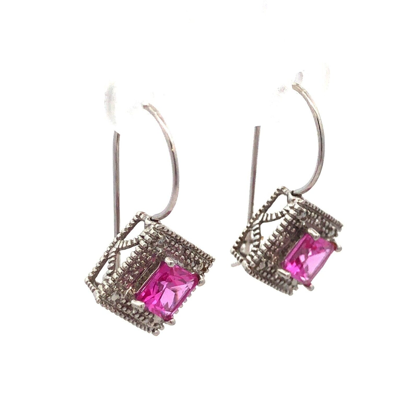 Designer 10K White Gold Princess Pink Sapphire Diamond French Hook Earrings