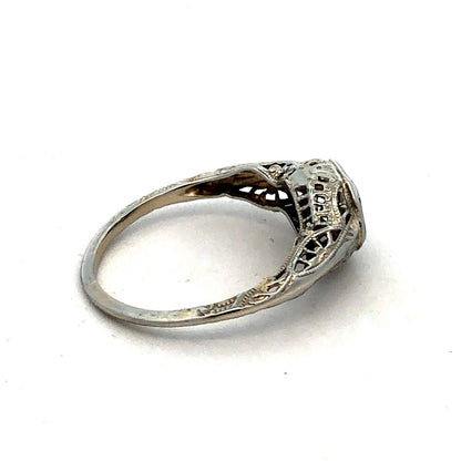 Vintage Art Deco 14K White Gold Round Diamond Filigree Square Engagement Ring