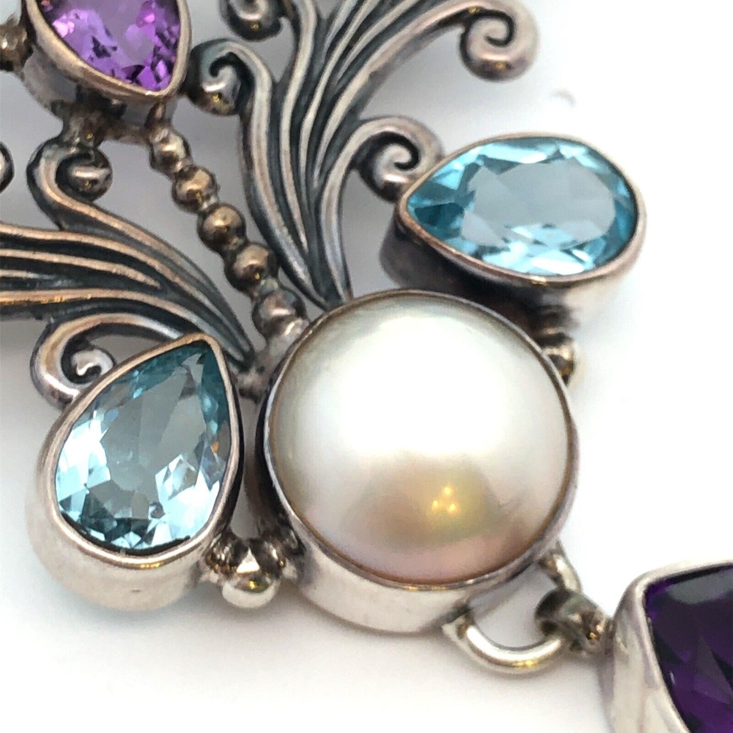 Sterling Silver Pearl Blue Topaz Amethyst Open Scroll Statement Pendant