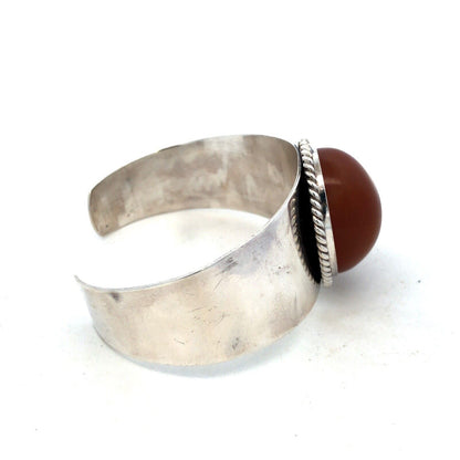 Estate 925 Sterling Silver Oval Carnelian Reeded Statement Open Cuff Bracelet