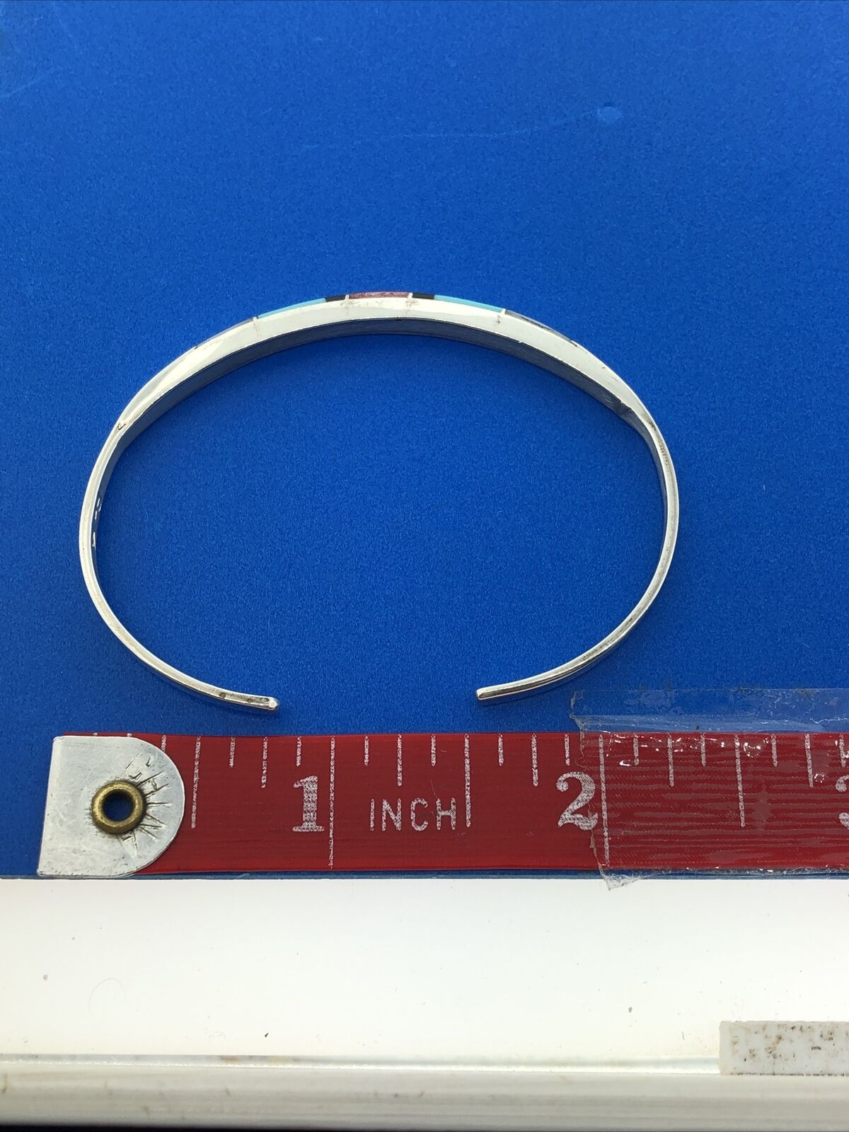 Native American PA 925 Sterling Silver Multi Gem Inlay Petite Cuff Bracelet