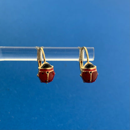 Milor Italy 18K Yellow Gold Red Black Enamel Lady Bug Insect Earrings