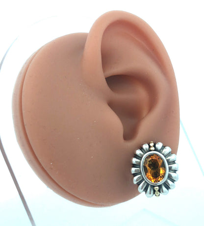 Lagos Caviar 925 Sterling Silver 18K Yellow Gold Cognac Cushion Citrine Earrings