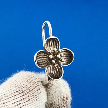 Designer 925 Sterling Silver Poppy Magnolia Textured Flower Drop Dangle Earrings