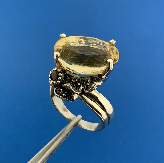 Artisan 925 Sterling Silver Oval Citrine Blue Sapphire 2 Tone Statement Bypass R