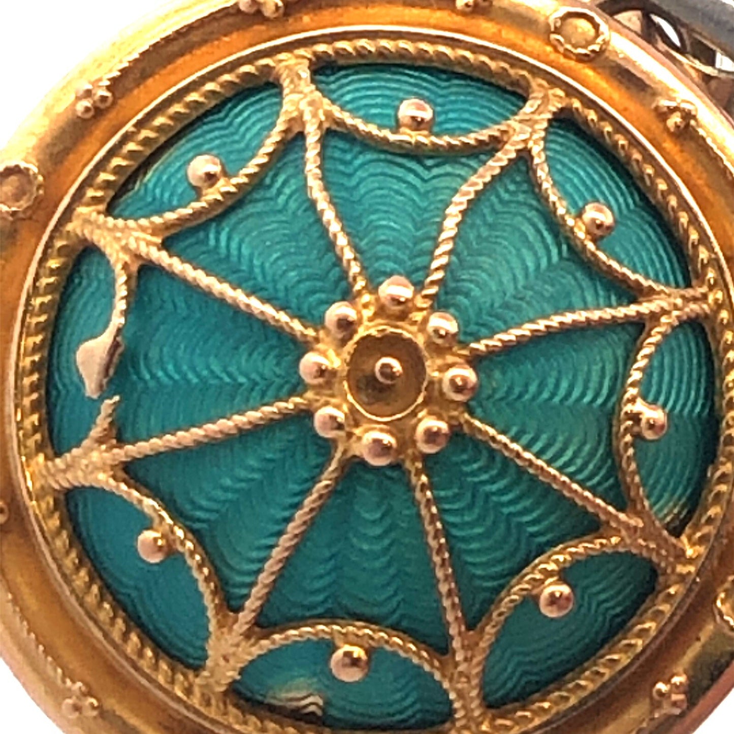 Art Nouveau Art Deco 14K Yellow Gold Aqua Turquoise Guilloche Enamel Pendant
