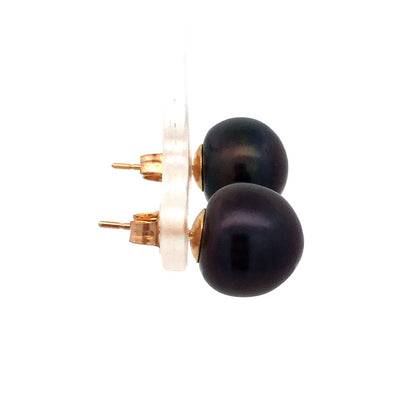 Designer 14K Yellow Gold Black Pearl Statement Stud Earrings 10.5mm