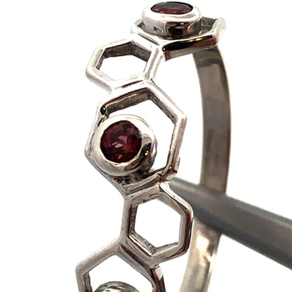 925 Sterling Silver Round Pink Tourmaline Honeycomb Hexagon Band Ring